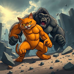 A big orange bodybuilder cat with bulging muscles and a fierce expression is engaged in an epic battle with a powerful gorilla amidst a backdrop of broken buildings