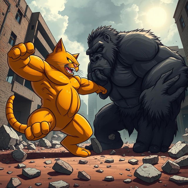 A big orange bodybuilder cat with bulging muscles and a fierce expression is engaged in an epic battle with a powerful gorilla amidst a backdrop of broken buildings