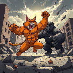 A big orange bodybuilder cat with bulging muscles and a fierce expression is engaged in an epic battle with a powerful gorilla amidst a backdrop of broken buildings