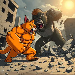 A big orange bodybuilder cat with bulging muscles and a fierce expression is engaged in an epic battle with a powerful gorilla amidst a backdrop of broken buildings