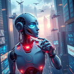 A visually striking representation of artificial intelligence, showcasing a futuristic humanoid robot with intricate circuitry and glowing lights