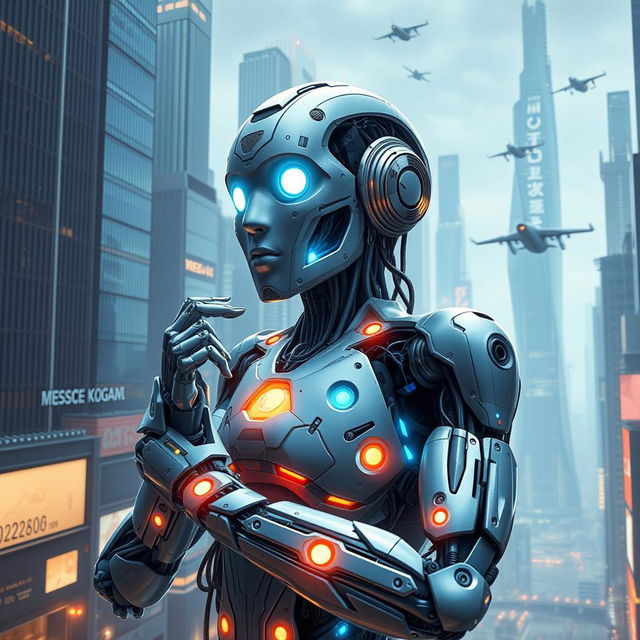 A visually striking representation of artificial intelligence, showcasing a futuristic humanoid robot with intricate circuitry and glowing lights