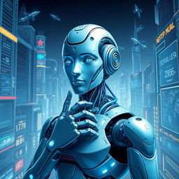 A visually striking representation of artificial intelligence, showcasing a futuristic humanoid robot with intricate circuitry and glowing lights