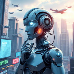A visually striking representation of artificial intelligence, showcasing a futuristic humanoid robot with intricate circuitry and glowing lights