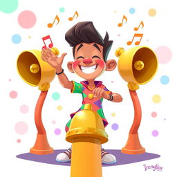 A lively 2D illustration of a person joyfully playing on a set of bells, inspired by the colorful and playful art style of the game IncredyBox