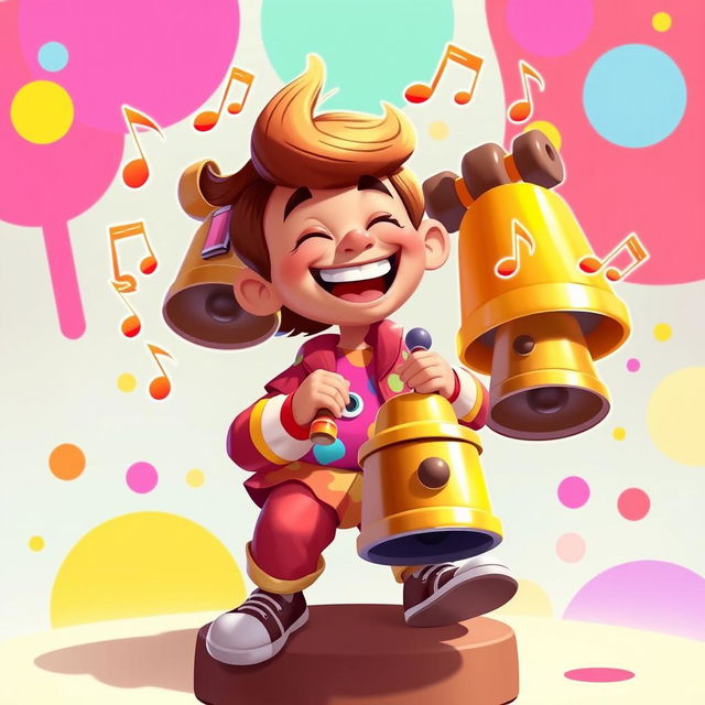 A lively 2D illustration of a person joyfully playing on a set of bells, inspired by the colorful and playful art style of the game IncredyBox