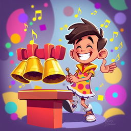 A lively 2D illustration of a person joyfully playing on a set of bells, inspired by the colorful and playful art style of the game IncredyBox