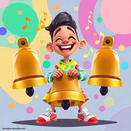 A lively 2D illustration of a person joyfully playing on a set of bells, inspired by the colorful and playful art style of the game IncredyBox