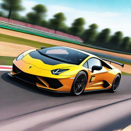 A high-quality digital rendering of a Lamborghini participating in the 24 Hours of Le Mans race