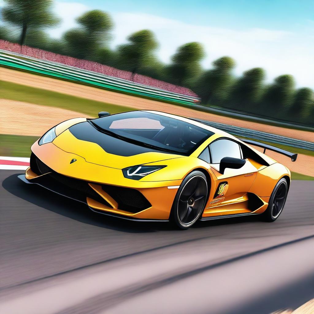 A high-quality digital rendering of a Lamborghini participating in the 24 Hours of Le Mans race