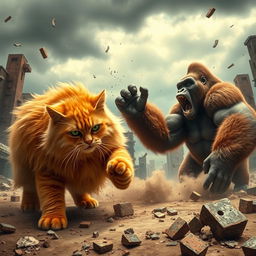 A dramatic scene depicting a large and fluffy orange cat in a fierce battle with a powerful gorilla on a landscape of broken and crumbling buildings