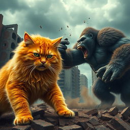 A dramatic scene depicting a large and fluffy orange cat in a fierce battle with a powerful gorilla on a landscape of broken and crumbling buildings