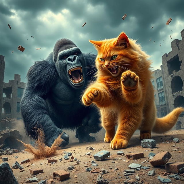 A dramatic scene depicting a large and fluffy orange cat in a fierce battle with a powerful gorilla on a landscape of broken and crumbling buildings