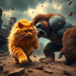 A dramatic scene depicting a large and fluffy orange cat in a fierce battle with a powerful gorilla on a landscape of broken and crumbling buildings
