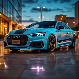 A stunning Audi A5 featuring a light blue neon color, enhanced with maximal tuning upgrades