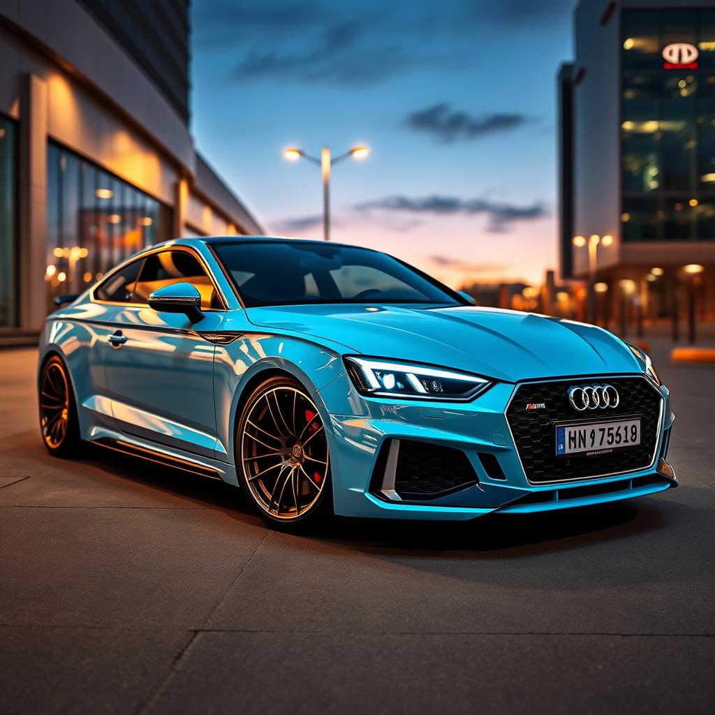 A stunning Audi A5 featuring a light blue neon color, enhanced with maximal tuning upgrades