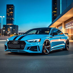 A stunning Audi A5 featuring a light blue neon color, enhanced with maximal tuning upgrades