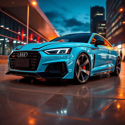 A stunning Audi A5 featuring a light blue neon color, enhanced with maximal tuning upgrades