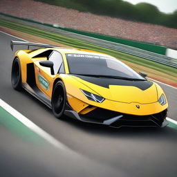 A high-quality digital rendering of a Lamborghini participating in the 24 Hours of Le Mans race