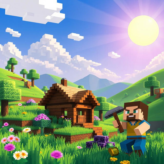 A vibrant and colorful Minecraft landscape, showcasing rolling hills, pixelated trees, and distinct blocky structures such as a cozy wooden house with a thatched roof, surrounded by blooming flowers and tall grass