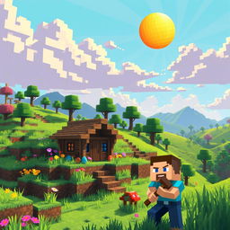 A vibrant and colorful Minecraft landscape, showcasing rolling hills, pixelated trees, and distinct blocky structures such as a cozy wooden house with a thatched roof, surrounded by blooming flowers and tall grass