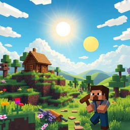 A vibrant and colorful Minecraft landscape, showcasing rolling hills, pixelated trees, and distinct blocky structures such as a cozy wooden house with a thatched roof, surrounded by blooming flowers and tall grass