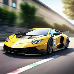 A high-quality digital rendering of a Lamborghini participating in the 24 Hours of Le Mans race