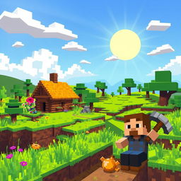 A vibrant and colorful Minecraft landscape, showcasing rolling hills, pixelated trees, and distinct blocky structures such as a cozy wooden house with a thatched roof, surrounded by blooming flowers and tall grass