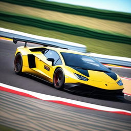 A high-quality digital rendering of a Lamborghini participating in the 24 Hours of Le Mans race