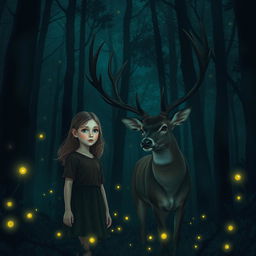 A mystical dark forest immersed in shades of dark green and dark blue, creating an enchanting and atmospheric scene