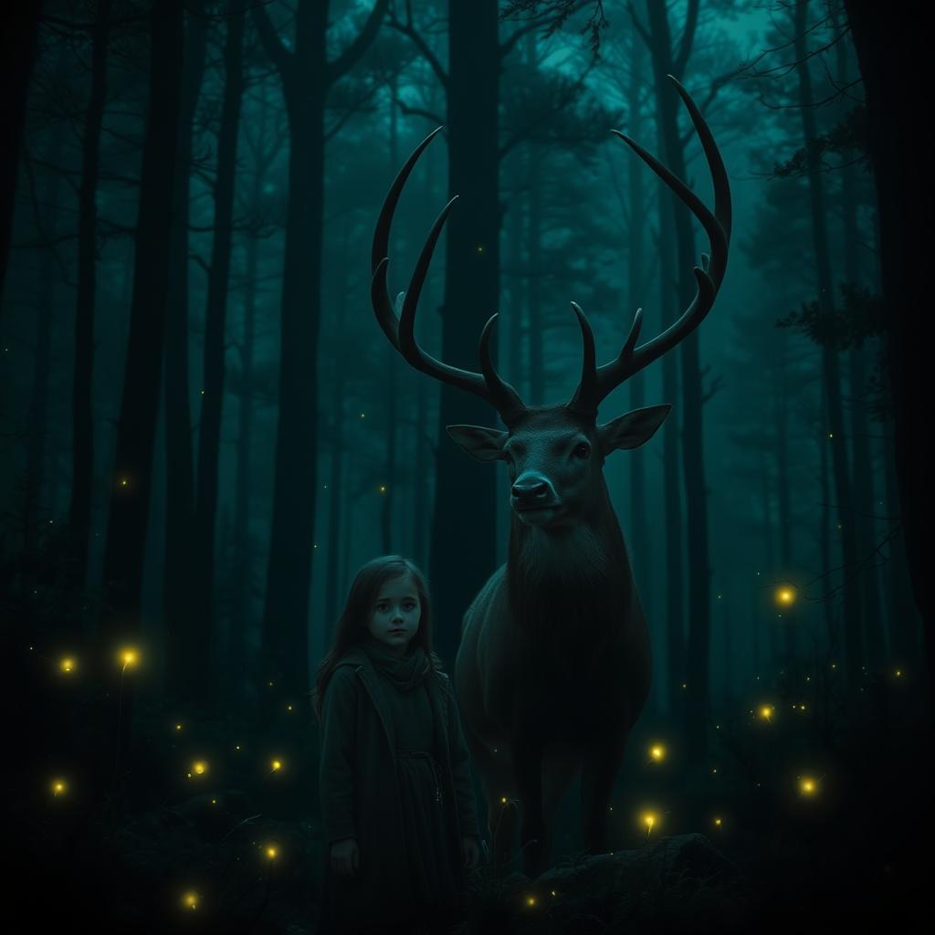 A mystical dark forest immersed in shades of dark green and dark blue, creating an enchanting and atmospheric scene