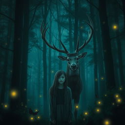 A mystical dark forest immersed in shades of dark green and dark blue, creating an enchanting and atmospheric scene