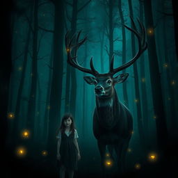 A mystical dark forest immersed in shades of dark green and dark blue, creating an enchanting and atmospheric scene