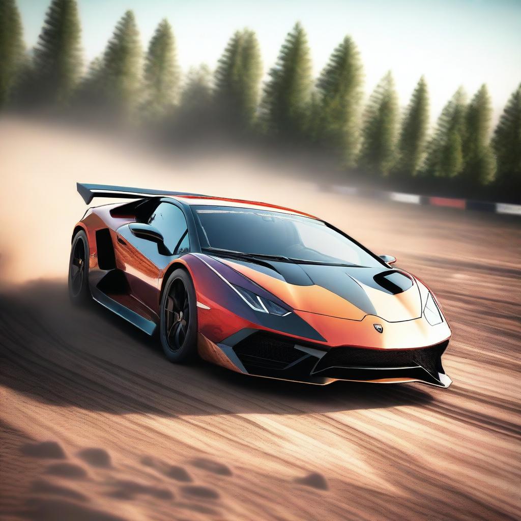 A high-quality digital rendering of a Lamborghini participating in a rally race