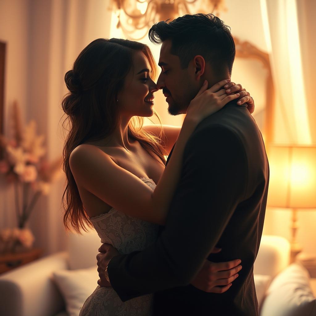 An artistic representation of a sensual and intimate moment between a couple, showcasing their chemistry and connection, the atmosphere is filled with warmth and romantic light, with soft colors dominating the scene, both individuals are depicted elegantly, highlighting their emotional bond without explicit content, the background features a beautifully decorated room with soft textures and inviting elements that enhance the romantic ambiance