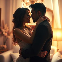An artistic representation of a sensual and intimate moment between a couple, showcasing their chemistry and connection, the atmosphere is filled with warmth and romantic light, with soft colors dominating the scene, both individuals are depicted elegantly, highlighting their emotional bond without explicit content, the background features a beautifully decorated room with soft textures and inviting elements that enhance the romantic ambiance