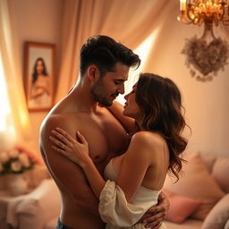 An artistic representation of a sensual and intimate moment between a couple, showcasing their chemistry and connection, the atmosphere is filled with warmth and romantic light, with soft colors dominating the scene, both individuals are depicted elegantly, highlighting their emotional bond without explicit content, the background features a beautifully decorated room with soft textures and inviting elements that enhance the romantic ambiance