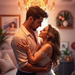 An artistic representation of a sensual and intimate moment between a couple, showcasing their chemistry and connection, the atmosphere is filled with warmth and romantic light, with soft colors dominating the scene, both individuals are depicted elegantly, highlighting their emotional bond without explicit content, the background features a beautifully decorated room with soft textures and inviting elements that enhance the romantic ambiance