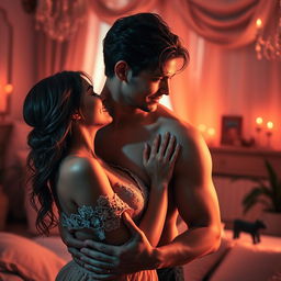 An artistic representation of a sensual and intimate moment between a couple, showcasing their chemistry and connection, the atmosphere is filled with warmth and romantic light, with soft colors dominating the scene, both individuals are depicted elegantly, highlighting their emotional bond without explicit content, the background features a beautifully decorated room with soft textures and inviting elements that enhance the romantic ambiance