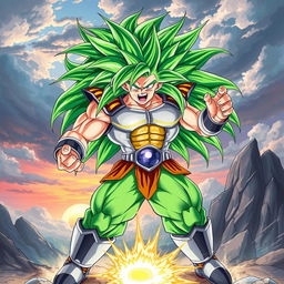 A dynamic illustration of Broly in Super Saiyan form, showcasing his legendary green hair flowing wildly, intense facial expression with fierce green eyes, power aura radiating around him, wearing his classic Saiyan armor which is slightly torn due to battle, standing in a rocky landscape with energy sparks surrounding him, ready to unleash a mighty attack