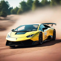 A high-quality digital rendering of a Lamborghini participating in a rally race