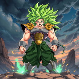 A dynamic illustration of Broly in Super Saiyan form, showcasing his legendary green hair flowing wildly, intense facial expression with fierce green eyes, power aura radiating around him, wearing his classic Saiyan armor which is slightly torn due to battle, standing in a rocky landscape with energy sparks surrounding him, ready to unleash a mighty attack