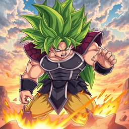 A dynamic illustration of Broly in Super Saiyan form, showcasing his legendary green hair flowing wildly, intense facial expression with fierce green eyes, power aura radiating around him, wearing his classic Saiyan armor which is slightly torn due to battle, standing in a rocky landscape with energy sparks surrounding him, ready to unleash a mighty attack