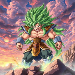 A dynamic illustration of Broly in Super Saiyan form, showcasing his legendary green hair flowing wildly, intense facial expression with fierce green eyes, power aura radiating around him, wearing his classic Saiyan armor which is slightly torn due to battle, standing in a rocky landscape with energy sparks surrounding him, ready to unleash a mighty attack