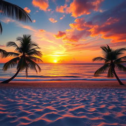 A stunning sunset over a tranquil beach, featuring vibrant hues of orange, pink, and purple blending into the blue sky
