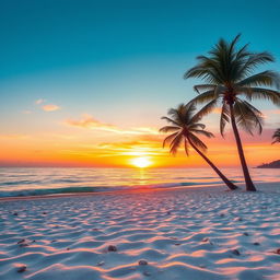 A stunning sunset over a tranquil beach, featuring vibrant hues of orange, pink, and purple blending into the blue sky