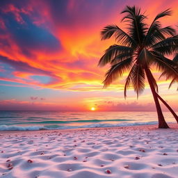A stunning sunset over a tranquil beach, featuring vibrant hues of orange, pink, and purple blending into the blue sky