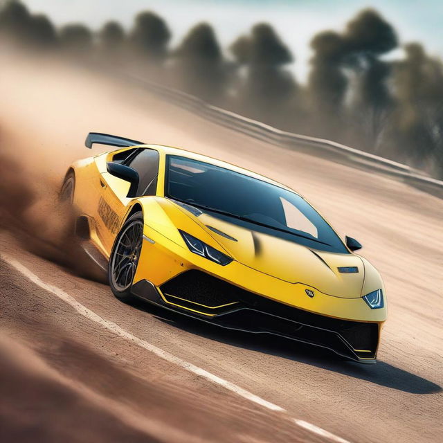 A high-quality digital rendering of a Lamborghini participating in a rally race