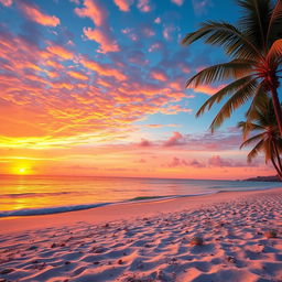 A stunning sunset over a tranquil beach, featuring vibrant hues of orange, pink, and purple blending into the blue sky