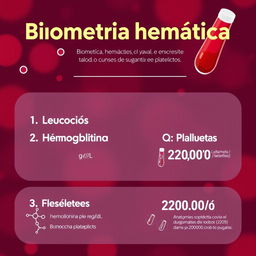 An educational infographic displaying blood test results for 'Biometría hemática'